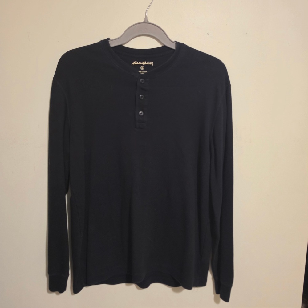Eddie Bauer Henley Shirt Mens XLT Navy Blue Excellent Waffle Knit Long‎ Sleeve